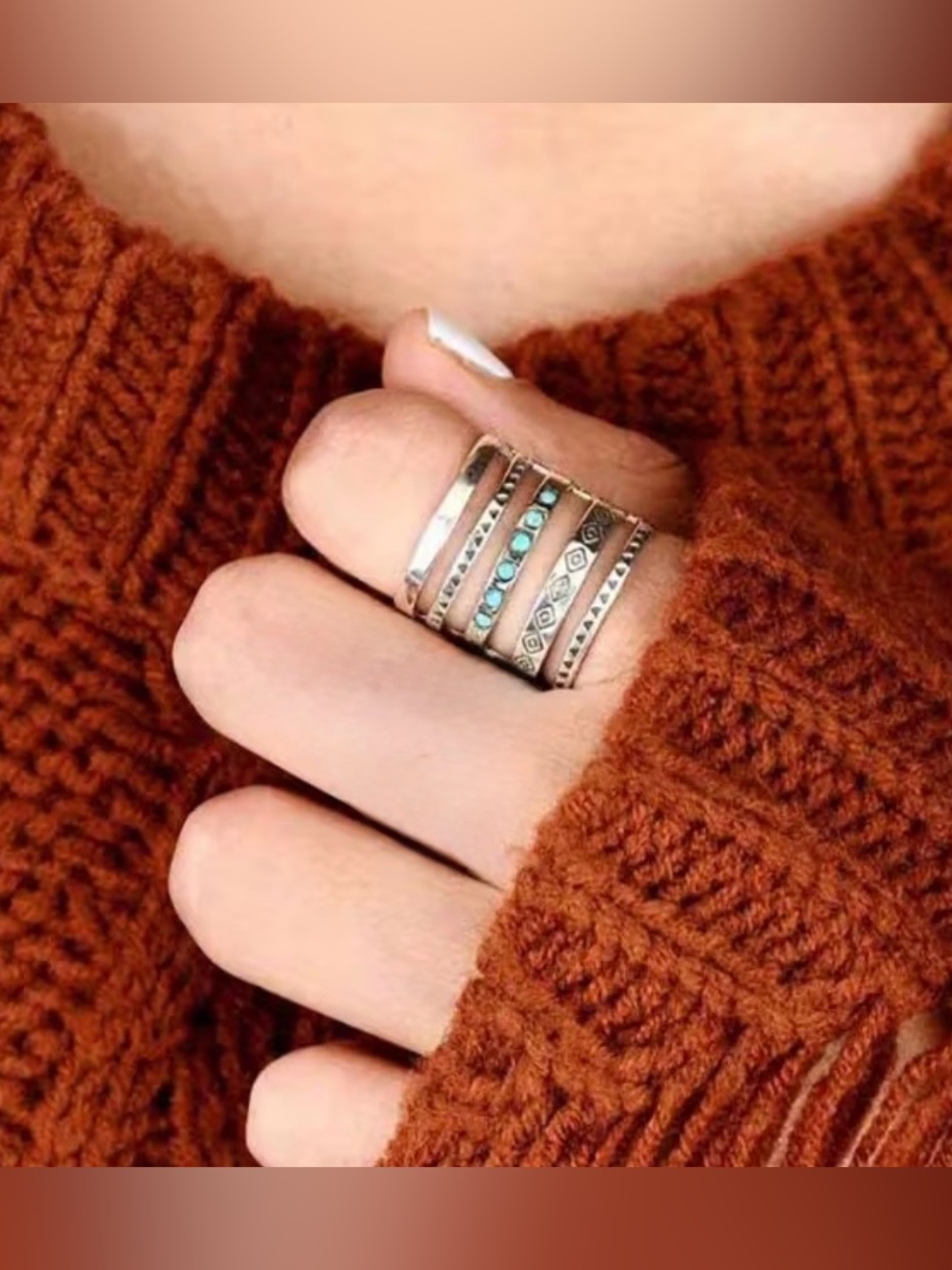 Boho Silver-Tone Turquoise Stackable Midi Ring Set - Picture 2 of 3